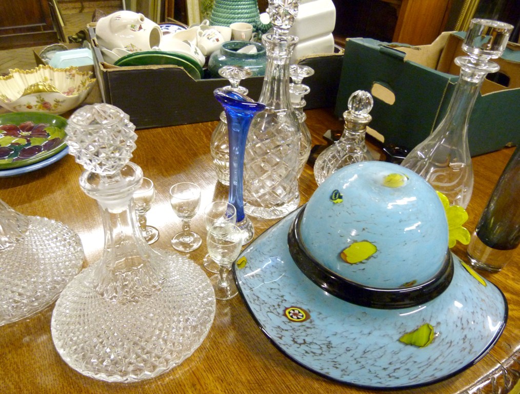 A Collection of Glassware, to include a pair of ships decanters, other decanters and vases