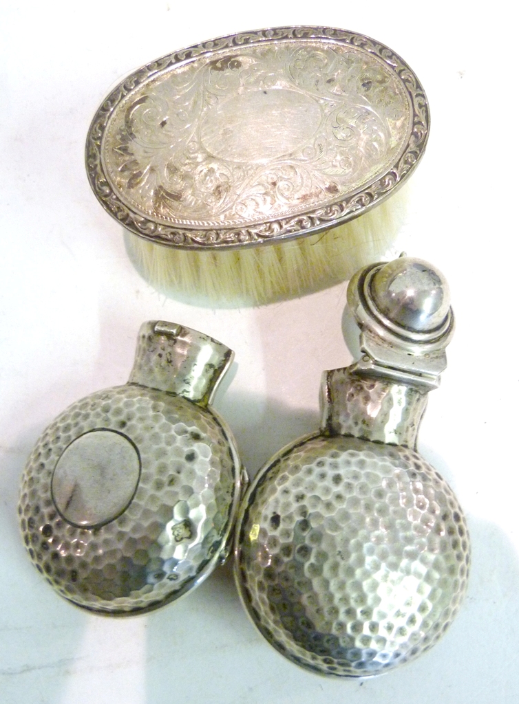 A 925 Sterling Silver Beaten Flask, together with a Birmingham silver hairbrush in case