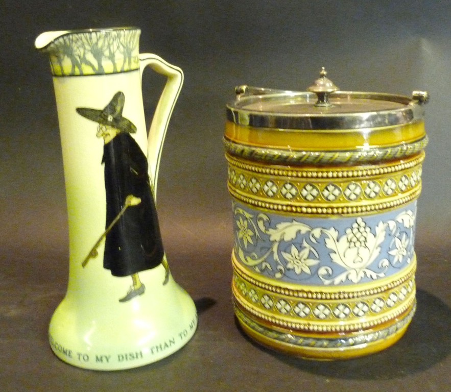 A Mettlach Biscuit Barrel, with plated mounts, together with a Doulton Series Ware jug