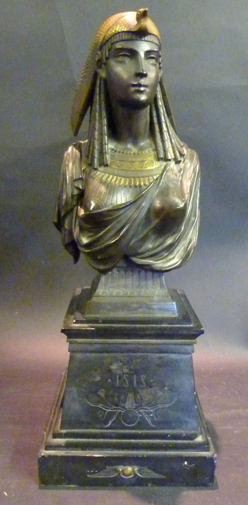 Emile Hebert 1828-1893 A PATINATED BRONZE BUST IN THE FORM OF ISIS, upon a black slate plinth,