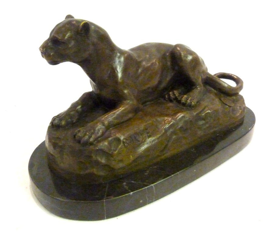 A Patinated Bronze Model in the Form of a Panther, upon oval marble base, after Barye, 25cms long