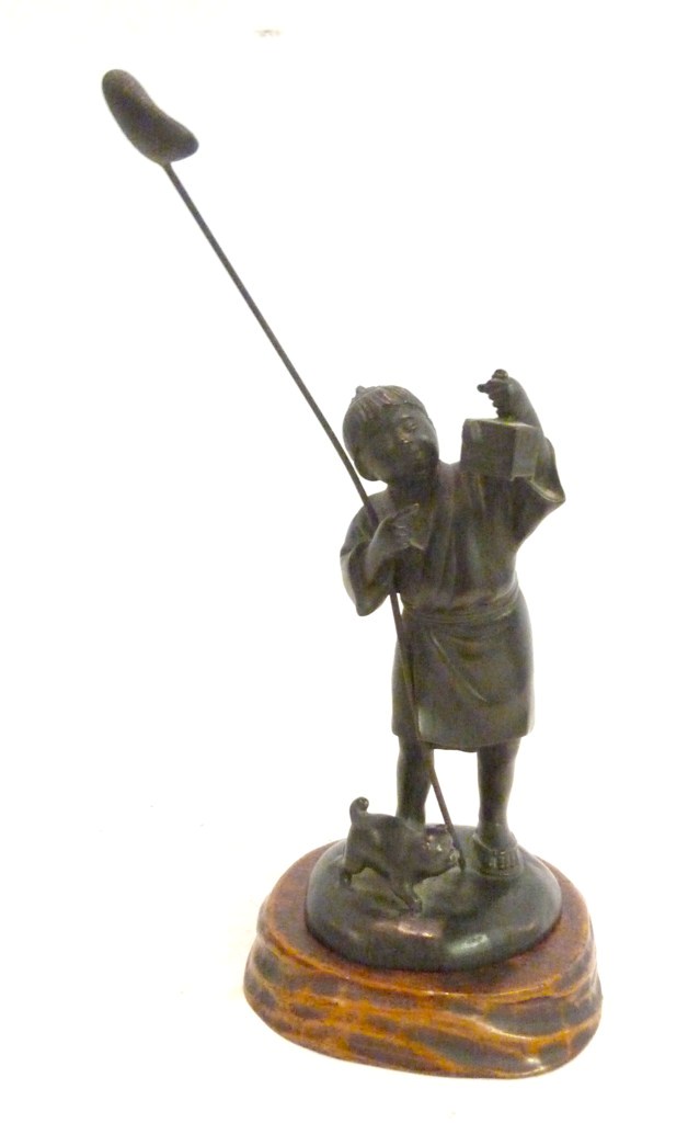 A 19th Century Chinese Patinated Bronze Group, in the form of a man with cage and butterfly net,