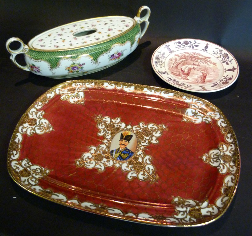 A Spanish Porcelain Platter, with central portrait, together with a Dresden pot pourri and a