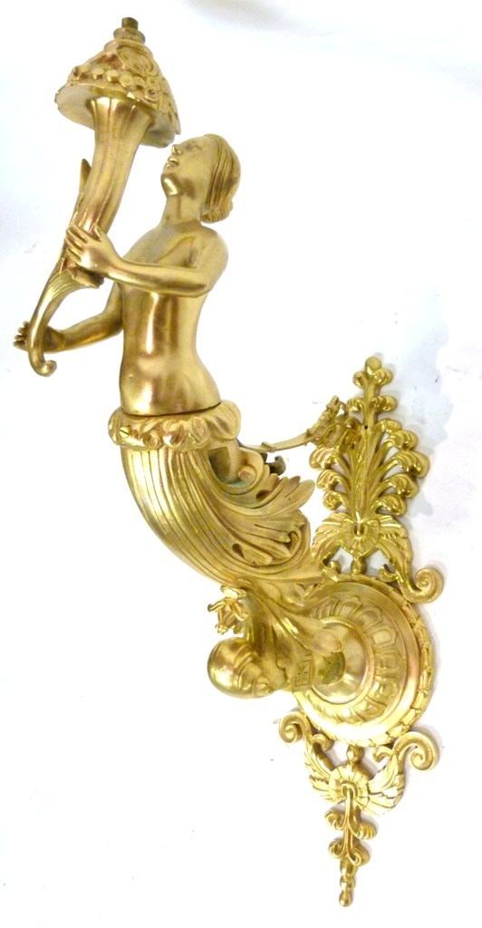 A French Ormolu Large Wall Light, with figural support upon a pierced bracket, 66cms high