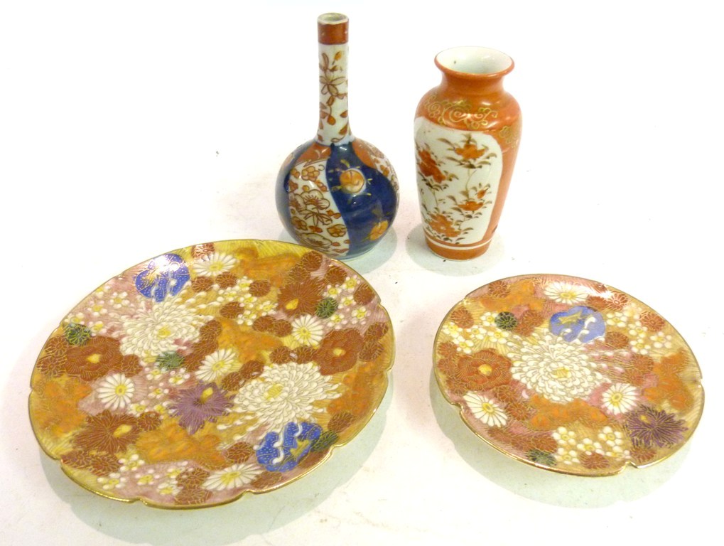 An Imari Miniature Bottleneck Vase, together with a Kutani miniature vase and two Satsuma dishes