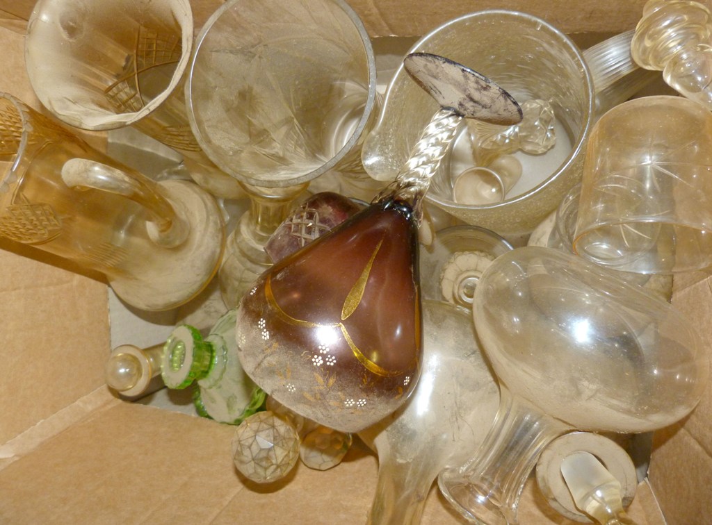 A Collection of Glassware, within two boxes, to include vases, decanters and other items