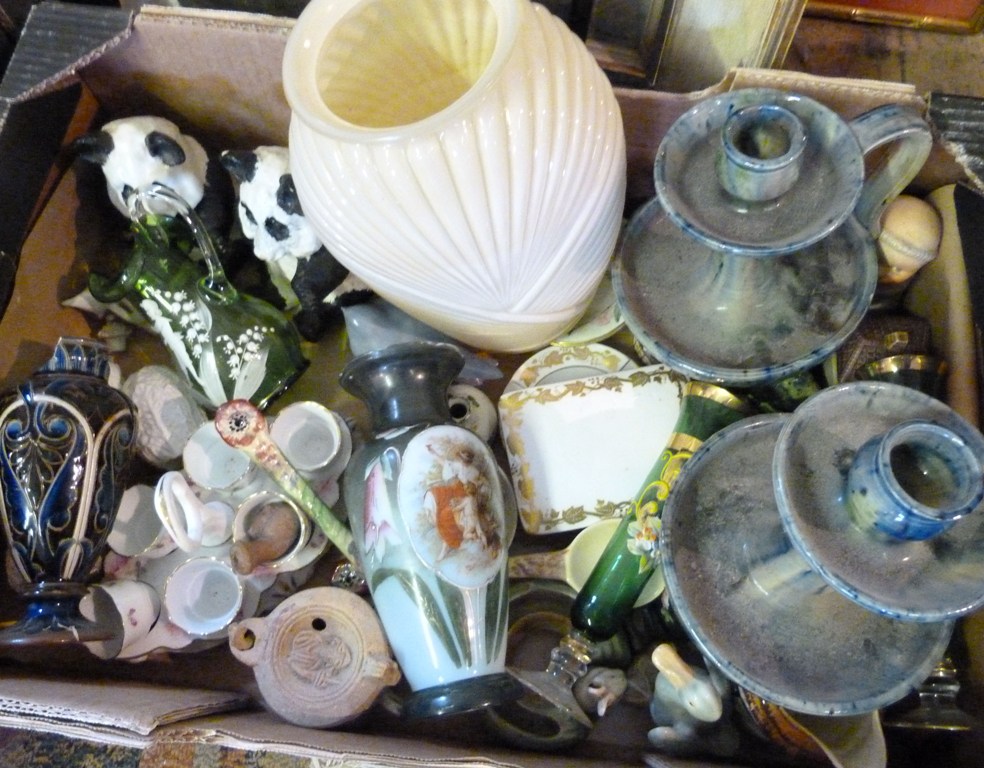 A Collection of Ceramics and Glassware, to include a Mary Gregory style jug and a pair of Majolica