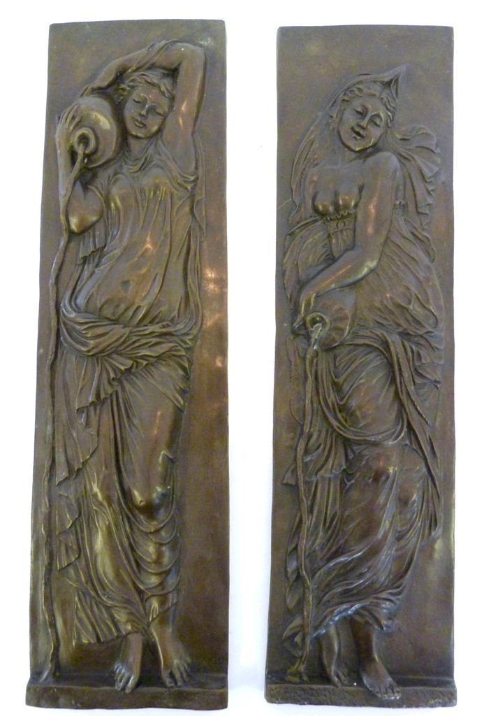 A Pair of Patinated Bronze Rectangular Plaques, each decorated in relief with a classical figure,