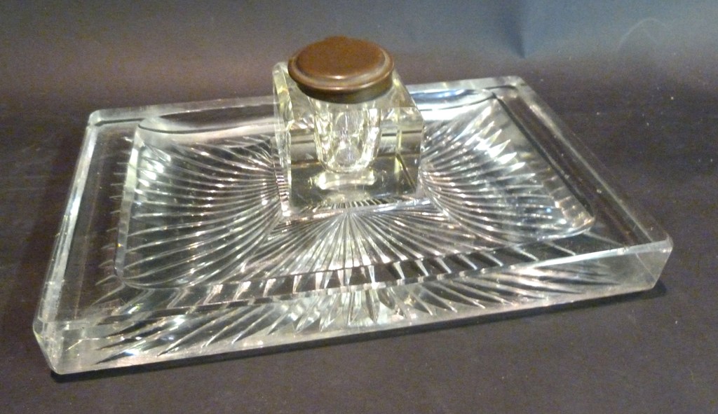 An Early 20th Century Heavy Glass Ink Stand, with central inkwell
