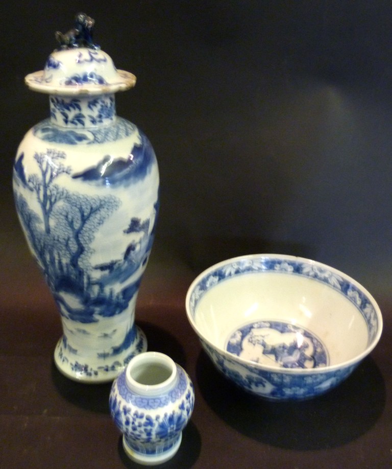A 19th Century Chinese Underglaze Blue Decorated Oviform Vase and Cover, 32cms high, four