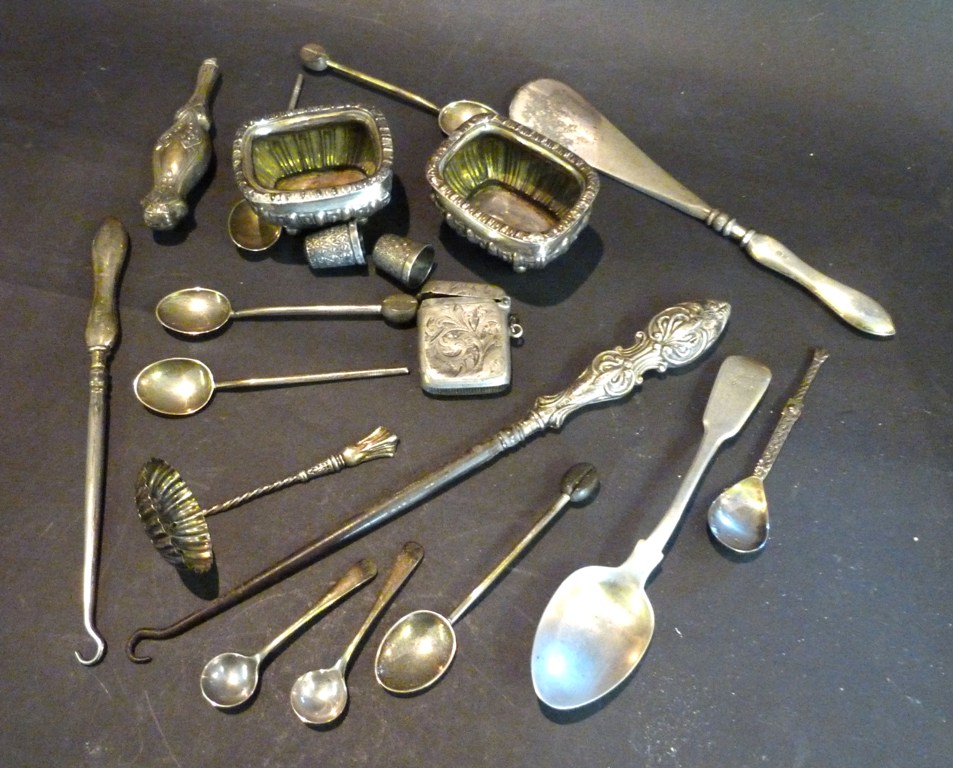 A Pair of Silver Salts, together with a small collection of silver flatware and a silver vesta case