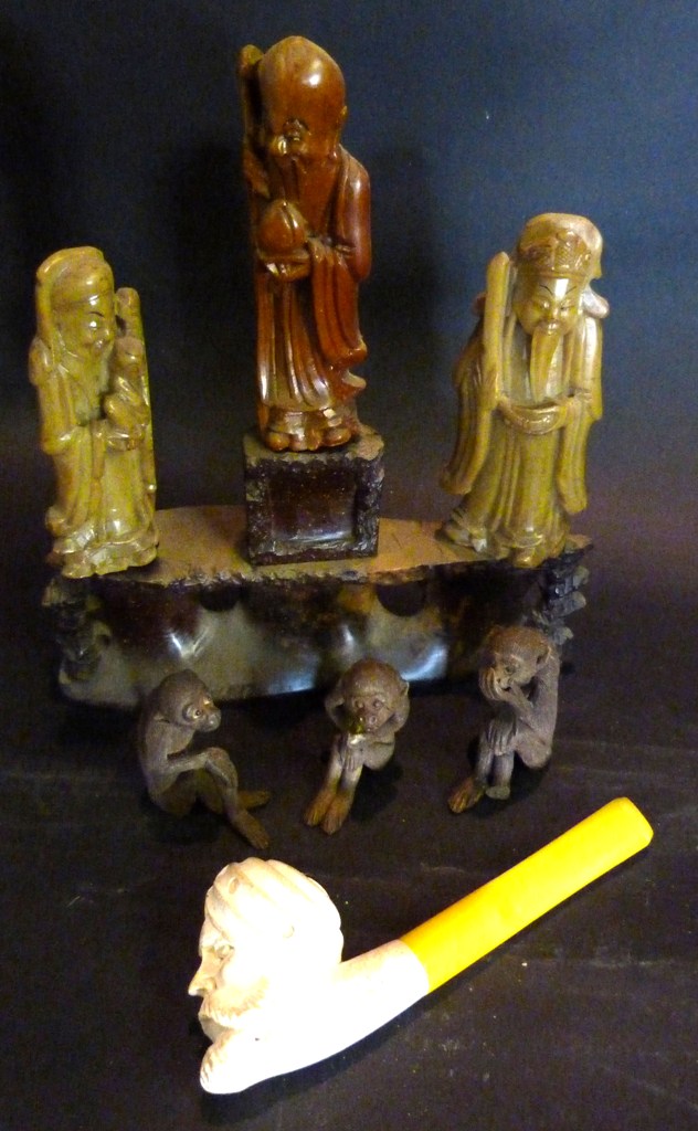 A Chinese Carved Hardstone Group, in the form of three figures, together with three carved models of
