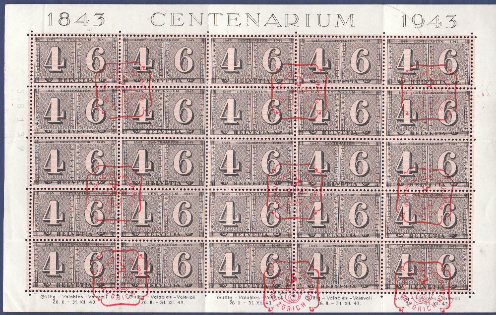 Switzerland 1943 Cantonal Stamp Centenary miniature sheet of 25, used with Centenary hand stamp.