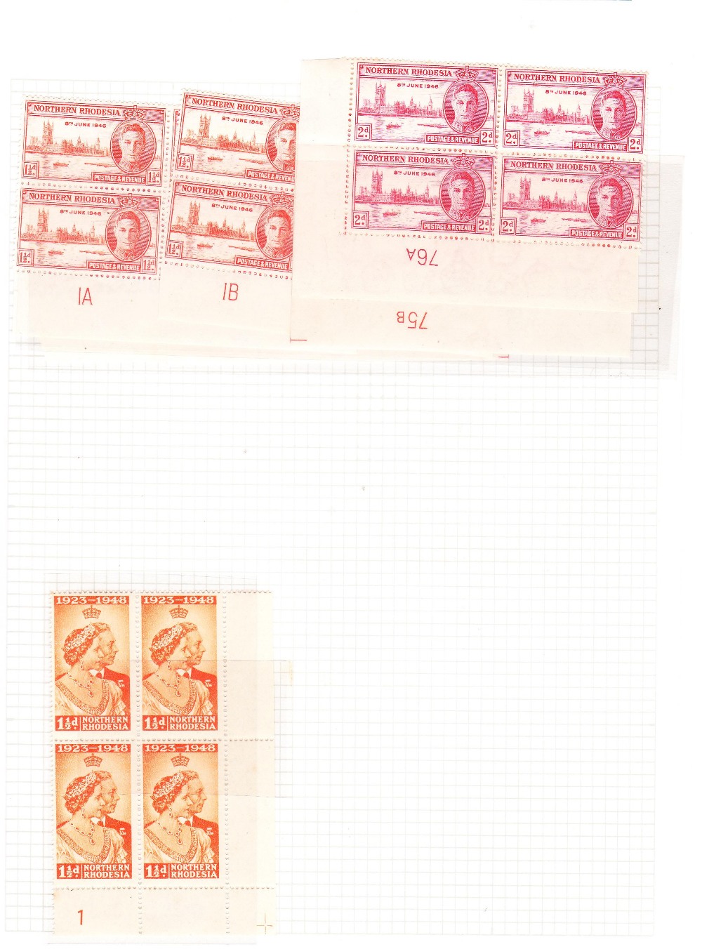 Northern Rhodesia King George VI Mint plate blocks - 1946 Victory Sets, Plates 1A, 1B 75A/76A;