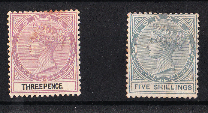 Tobago Victorian Fiscal Stamp 3d and 5/-.
