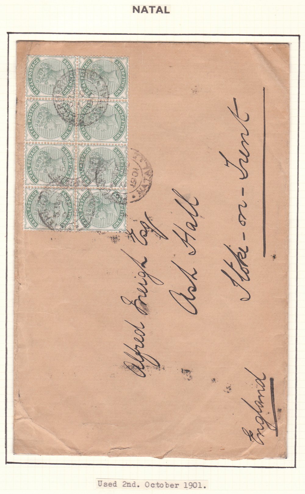 South Africa (Natal) 1901 ENV Ostern art to England with ½d 1884/5 block of eight. An attractive