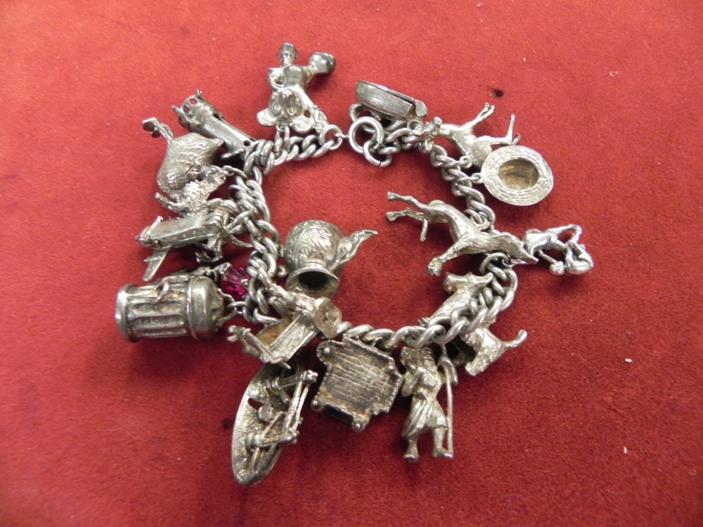 Silver Charm Bracelet with 18 silver or silver plated charms. Many unusual.