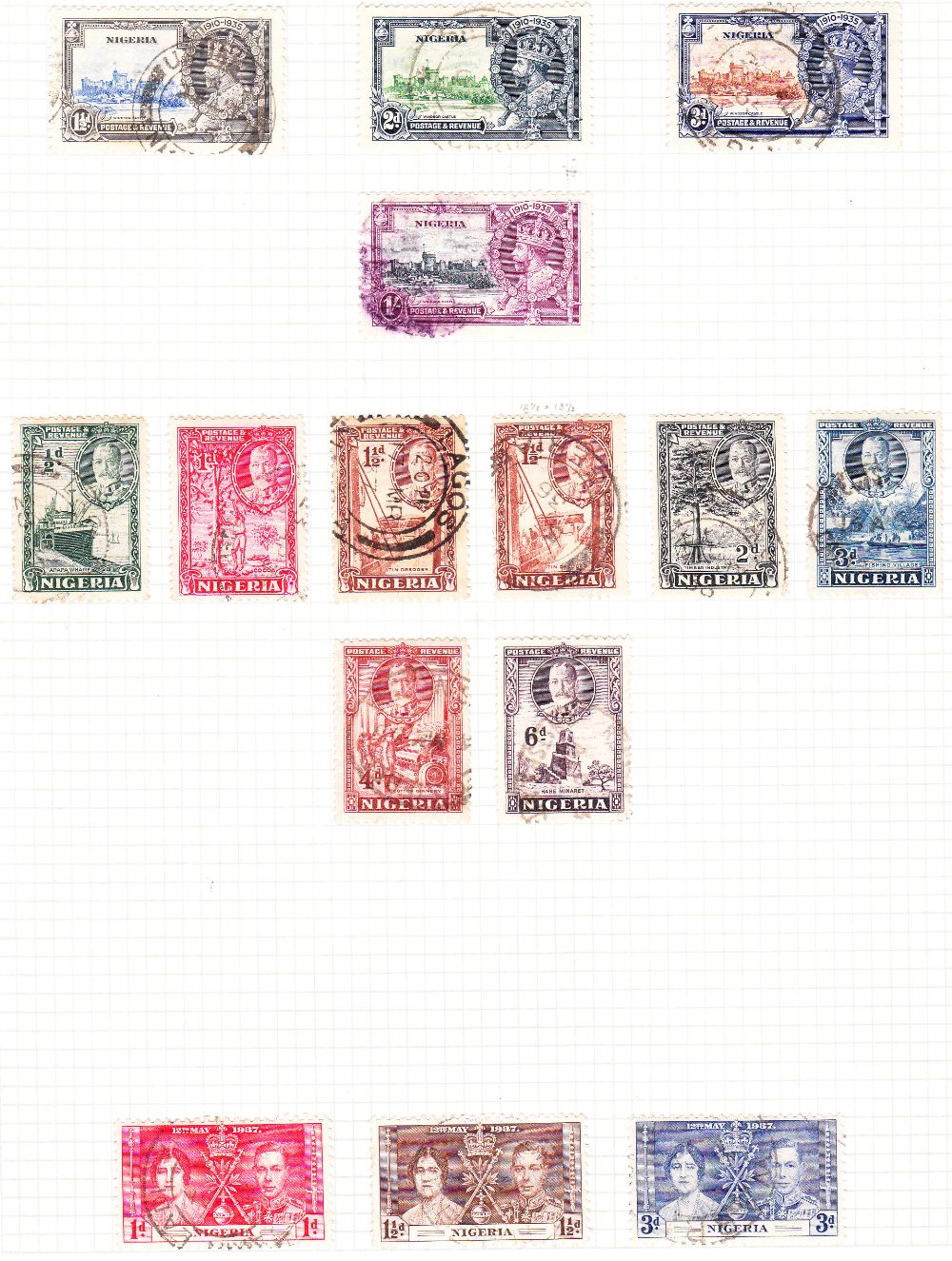 Nigeria 1935-37 used with 1935 Jubilee Set; 1936 ½d to 6d (8), Cat £70+.