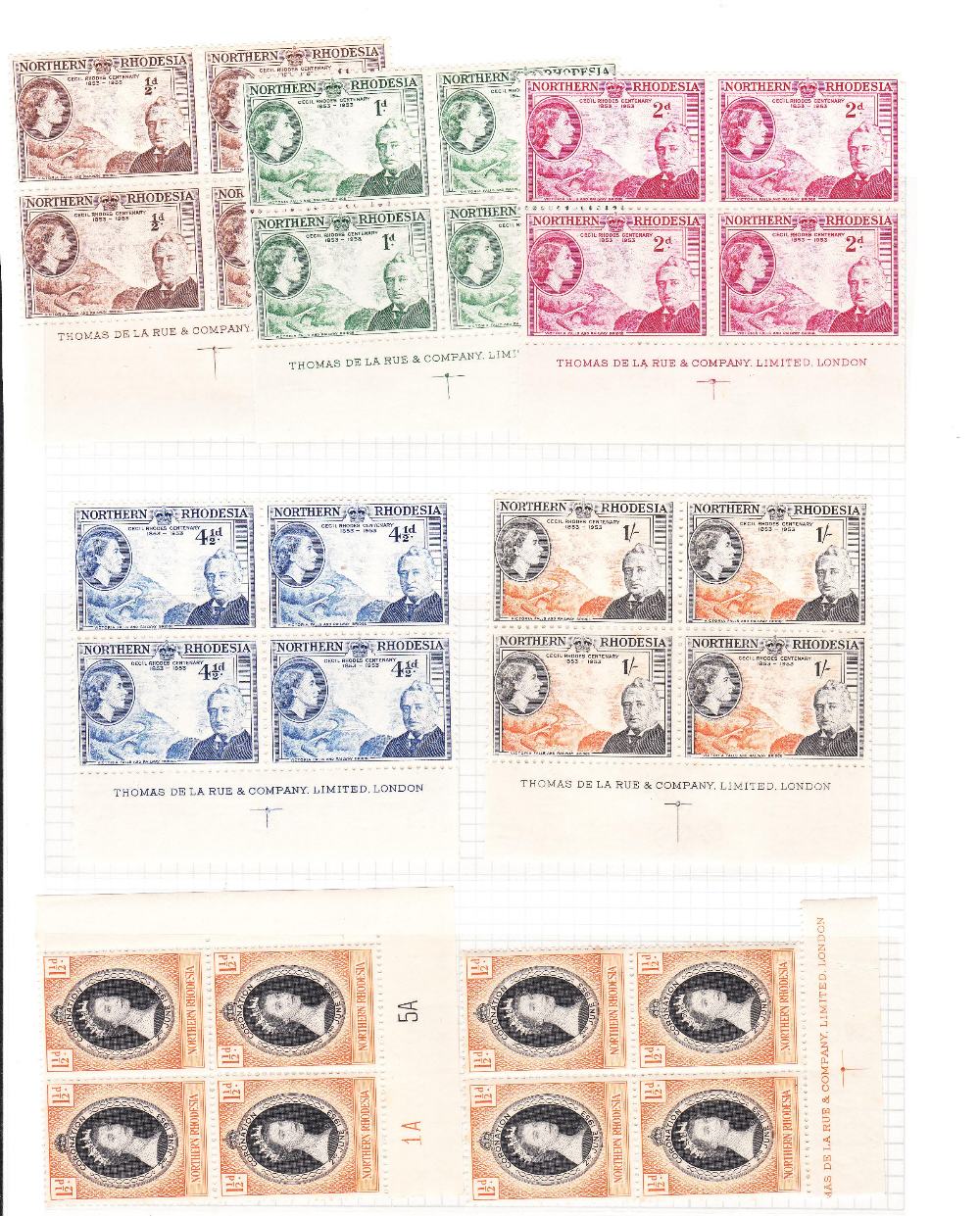 Northern Rhodesia 1953 Rhodes Centenary Set in Imprint, blocks of four mint; 1953 Coronation Set