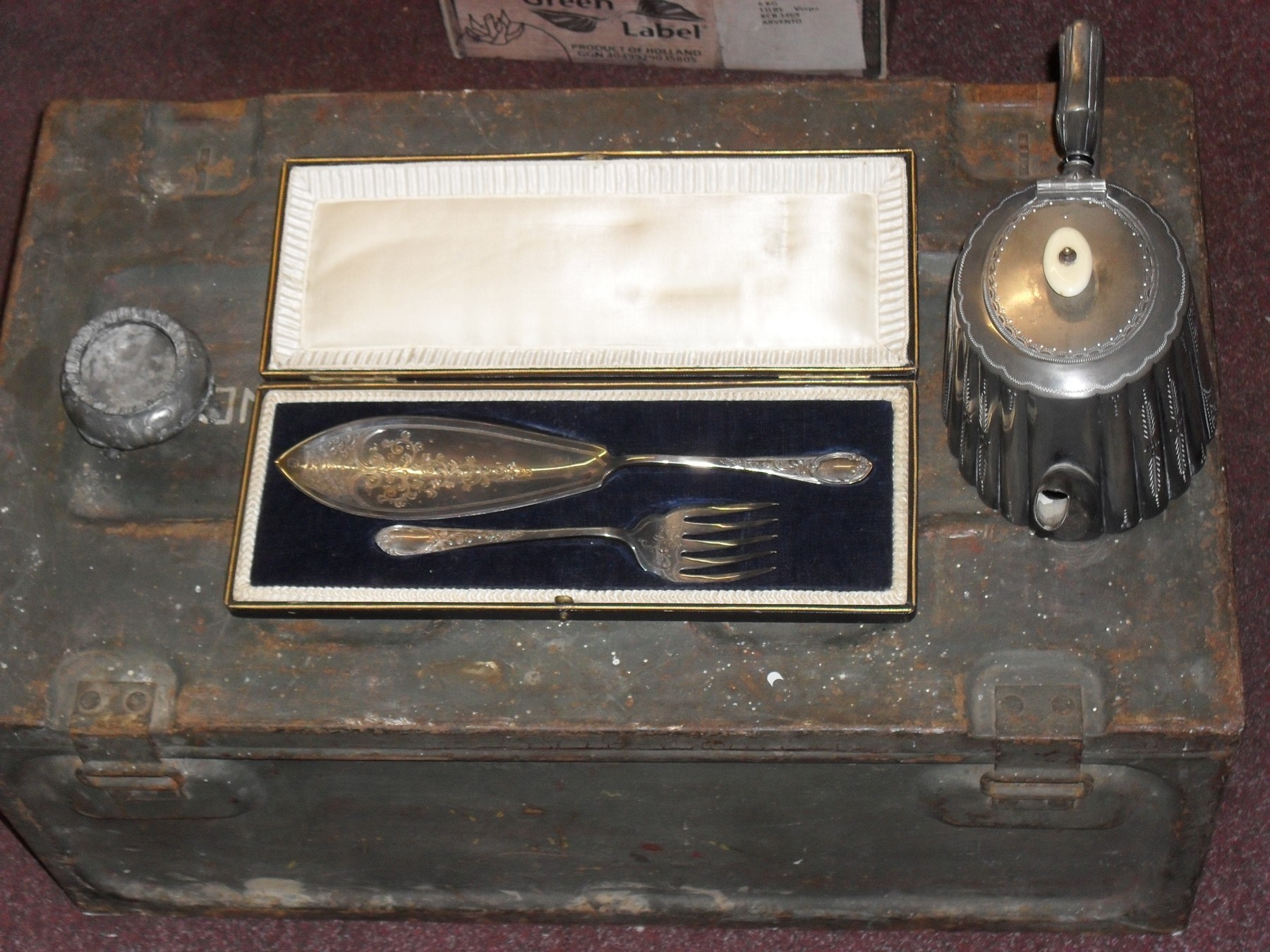 Fish Servers - Boxed pair of silver plated, nicely decorated, 19th Century silver plated Tea Pot,