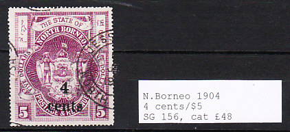 North Borneo 1904 4 cents on 5 dollars, SG156, fine used, North Jessleton cds. Cat £48+