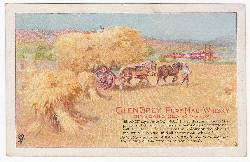 Glen Spey Pure Malt Whiskey - poster advert card - W & A Gilbey`s - used 1904 u/d back.