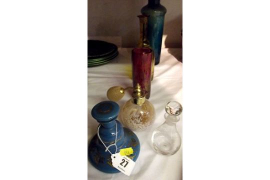 MDINA; blue glass cylindrical decanter, also gilded blue glass perfume bottle and 4 other pieces