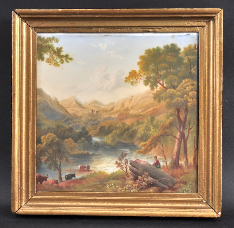A 19TH CENTURY ENGLISH PORCELAIN PLAQUE painted with cattle. 8.25ins square.