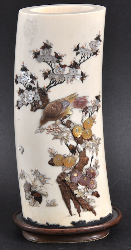 A FINE LATE 19TH CENTURY JAPANESE MEIJI PERIOD IVORY TUSK VASE inlaid with hardstone and mother of