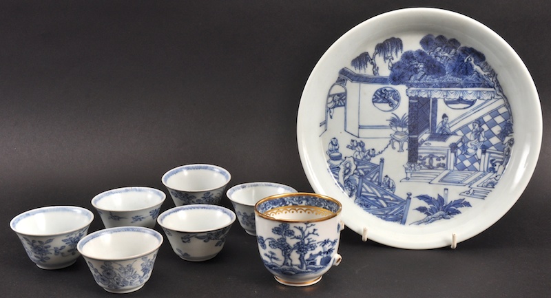 A SET OF SIX CHINESE QING DYNASTY EXPORT TEABOWLS together with a coffee cup and plate. Few