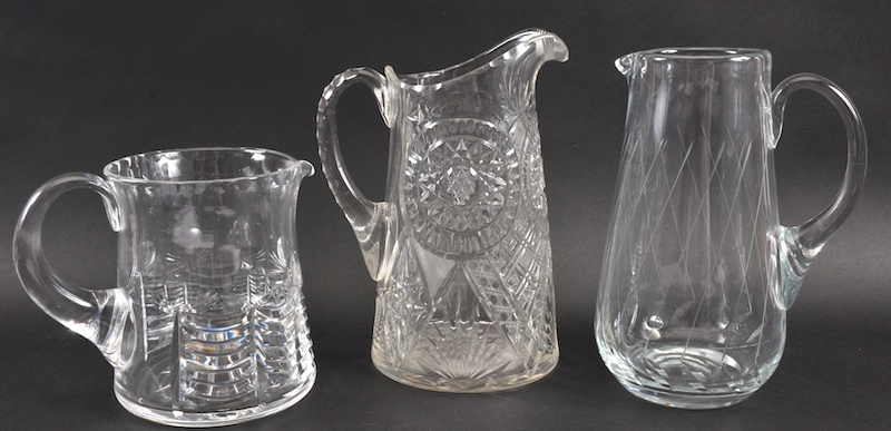 THREE VARIOUS CUT FLOWER JUGS, 9ins, 8.5ins and 6ins.