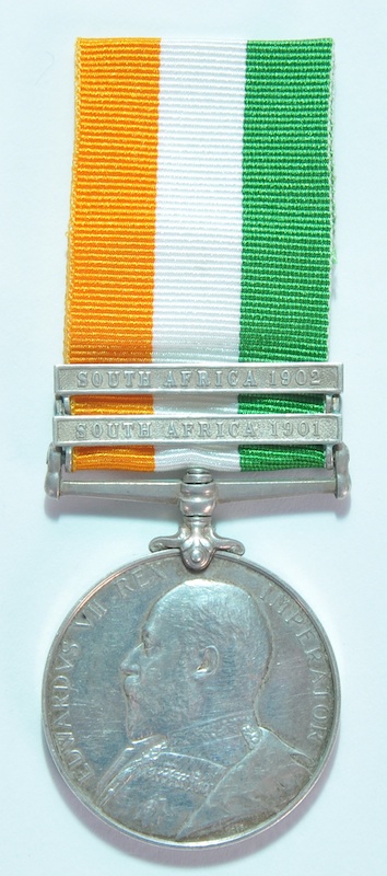 KINGS SOUTH AFRICA MEDAL 1902, awarded to 450 SERJT. W. E. LEPPAN C. P. DIST. with 2 bars. SOUTH