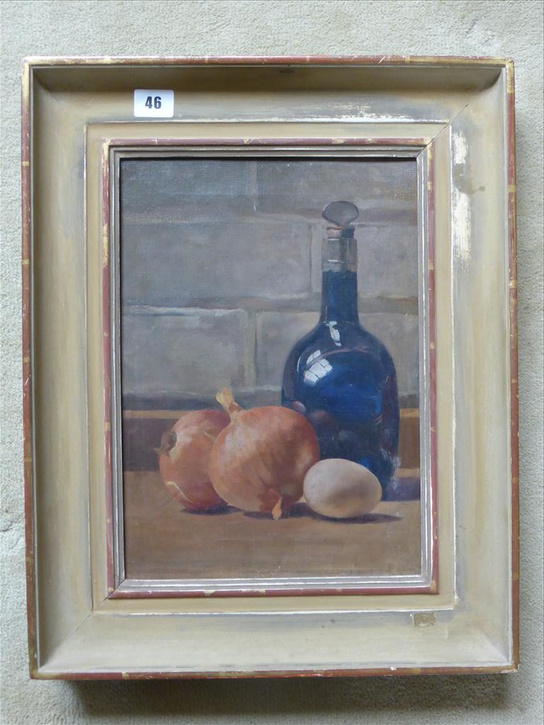 † ALICE BURTON OIL ON CANVAS STILL LIFE CARAFE AND VEGETABLES WITH FEDERATION OF BRITISH ARTISTS