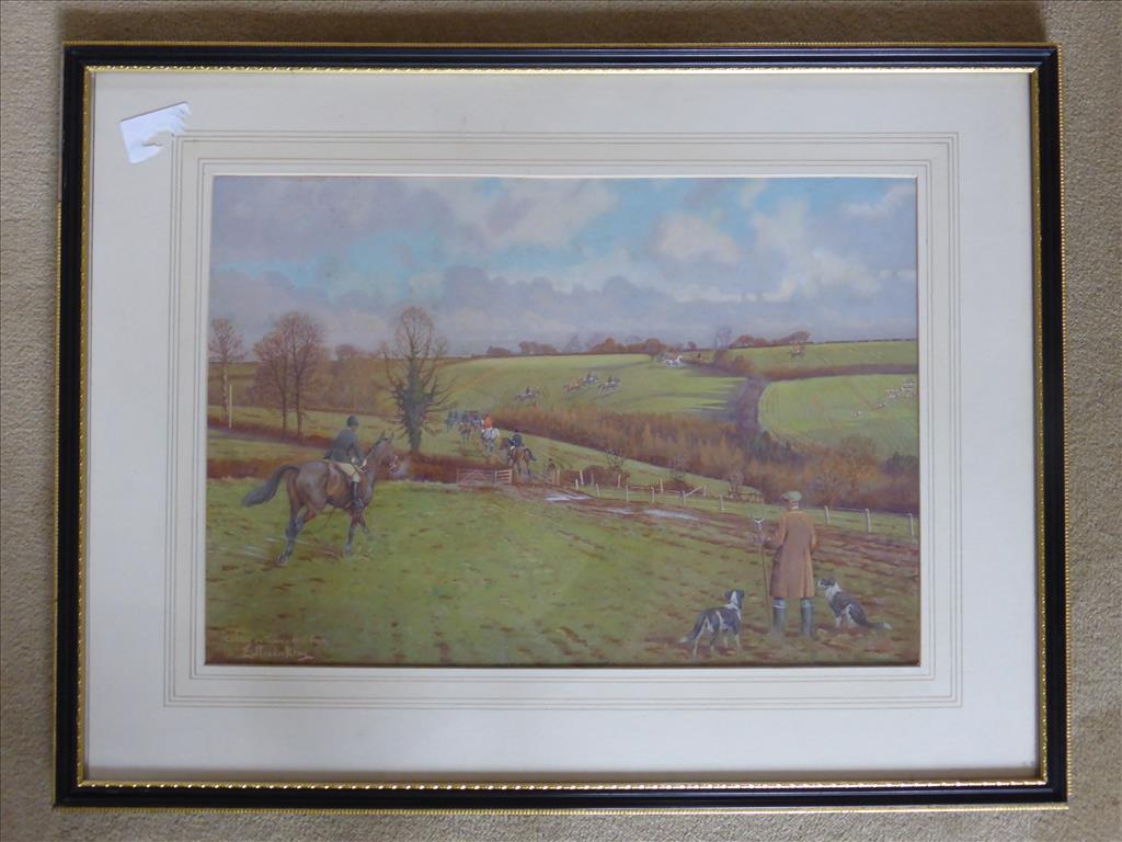 WATERCOLOUR ERIC MEADE KING CLIFTON ON TEME HUNT SCENE APPROX 19.5 X 13.5 INS. P&P N/A