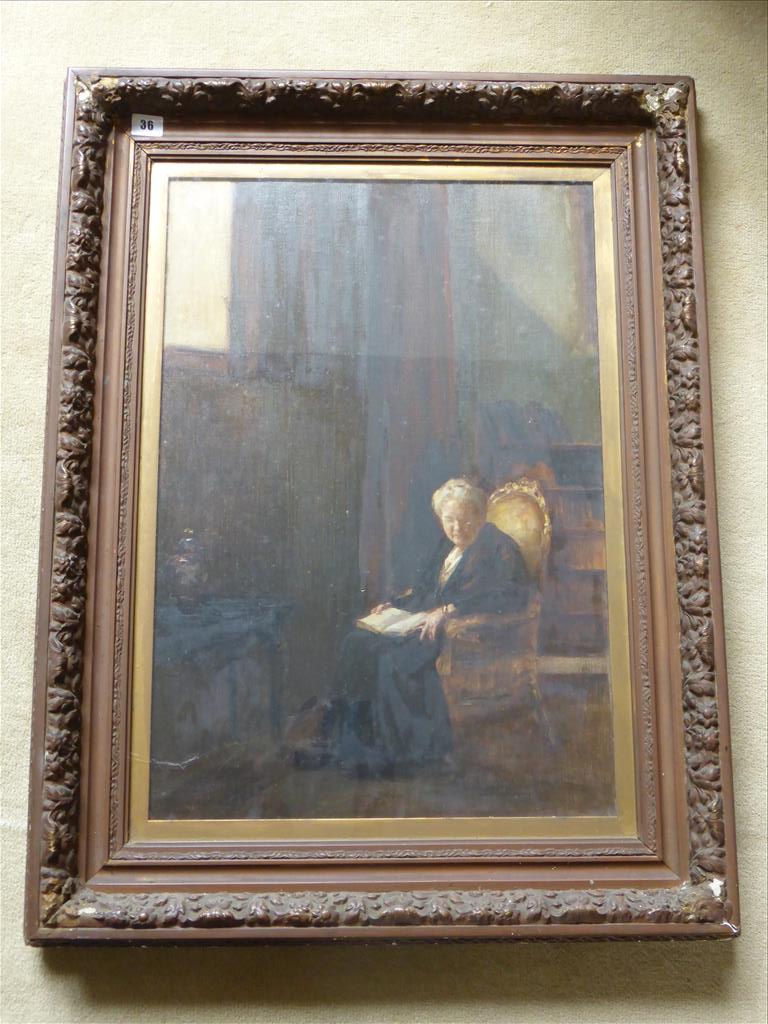 † ALICE BURTON OIL ON CANVAS DEPICTING ELDERLY LADY READING FRAMED AND BEHIND GLASS 28 X 19.5 INS.