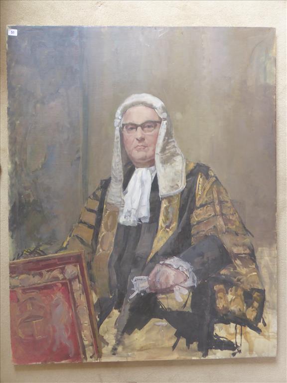 † ALICE BURTON LARGE PORTRAIT OIL ON CANVAS LORD DILHORNE APPROX 40 X 50 INCHES P&P N/A