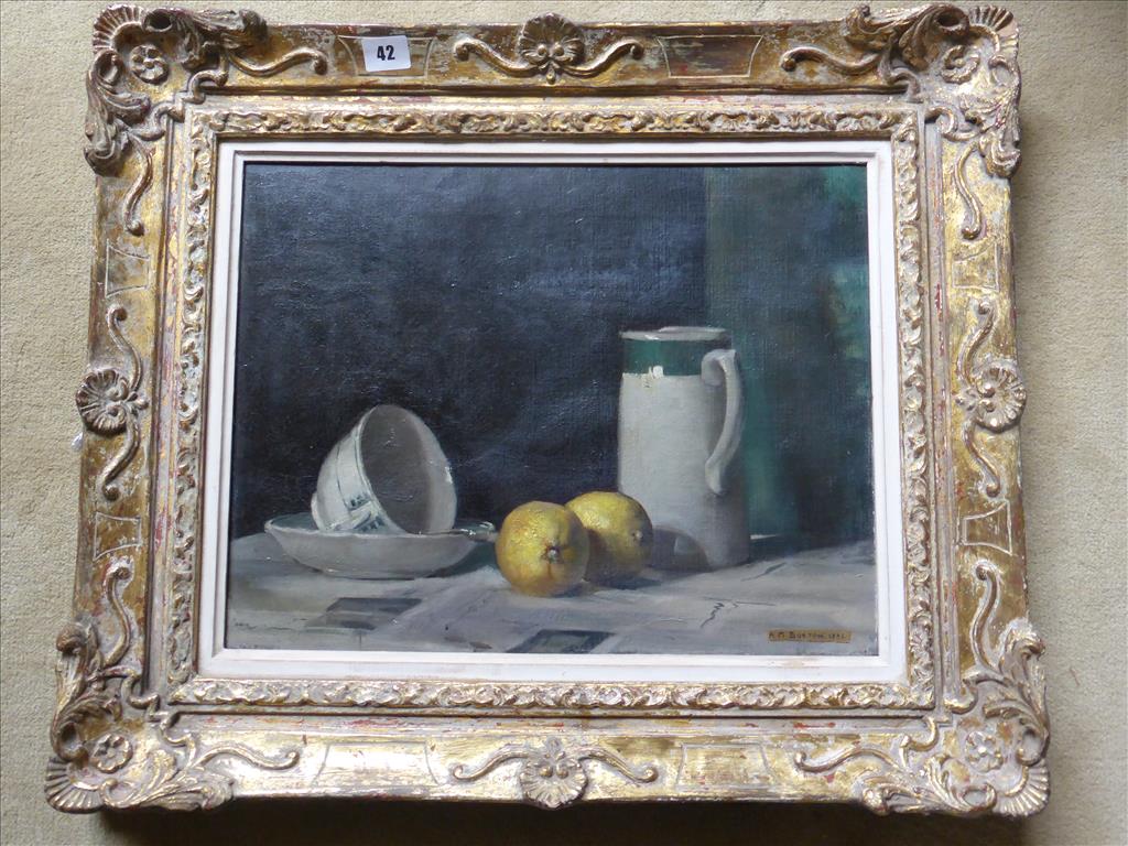 † ALICE BURTON OIL ON CANVAS STILL LIFE FRUIT DEPICTING JUG CUP AND SAUCER AND FRUIT APPROX 18 X