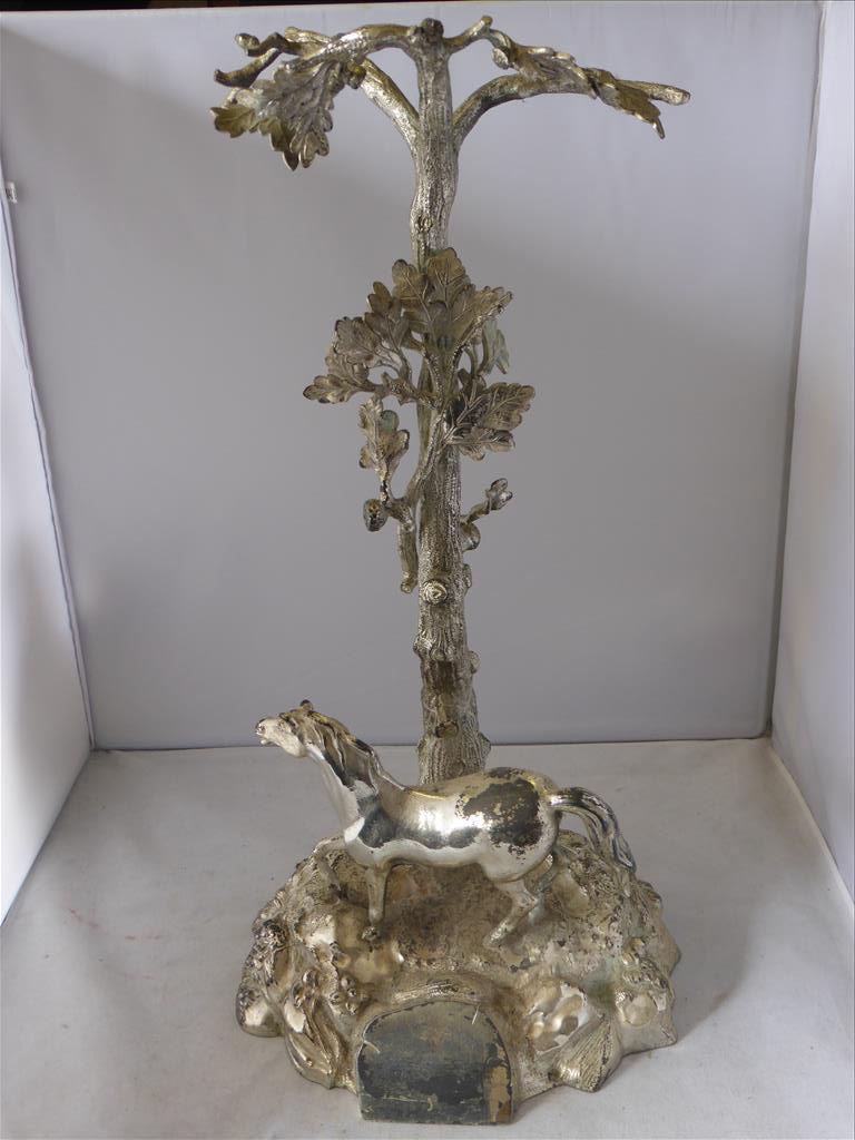 19TH CENTURY SILVER PLATED CENTRE PIECE OR TROPHY FEATURING A HORSE AND TREE P&P 22