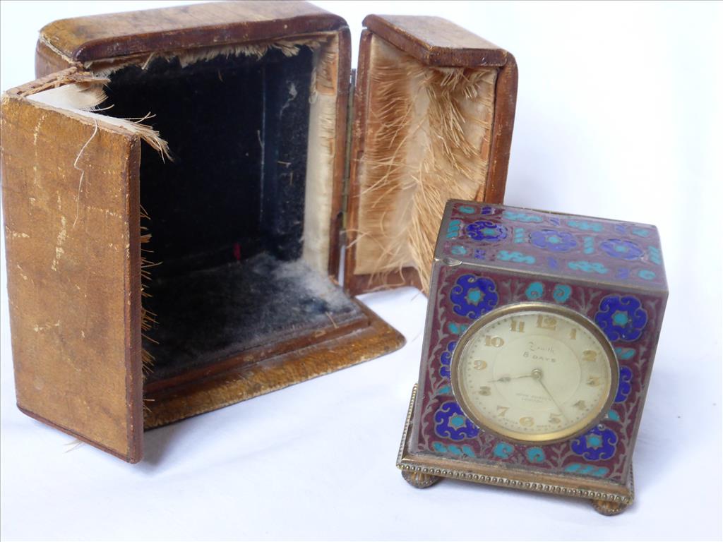 CHAMPLEVE ENAMELLED GILT METAL SWISS CARRIAGE CLOCK JOHN DURDEN LONDON WITH TRAVELLING CASE P&P 20