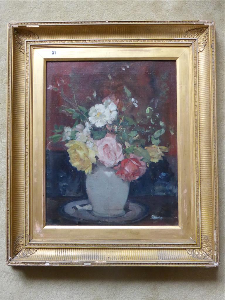 † ALICE BURTON OIL ON CANVAS IN ORNATE FRAME STILL LIFE FLOWERS APPROX 20 X 16 INS. P&P N/A