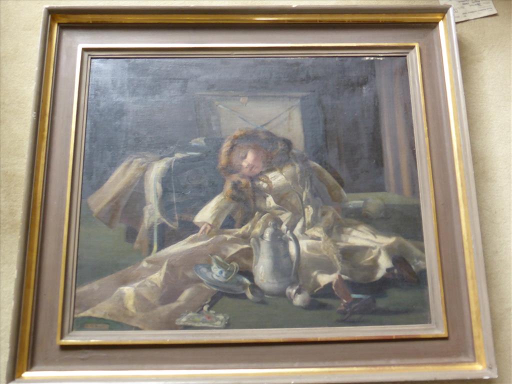 † ALICE BURTON OIL ON CANVAS ‘THE ABANDONED DOLL’ WITH ROYAL ACADAMY EXHIBITION 1968 LABEL APPROX 30