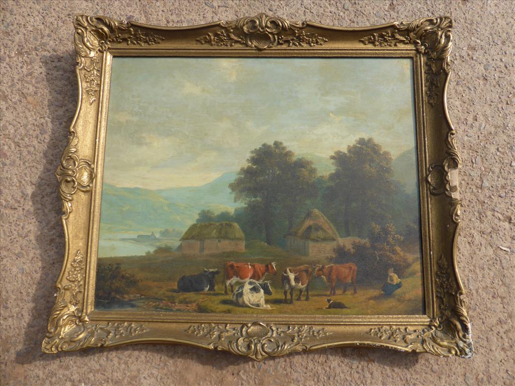 OIL ON PANEL DEPICTING RURAL SCENE WITH CATTLE AND FIGURE, LABEL TO REVERSE JAN VAN DER BENT,