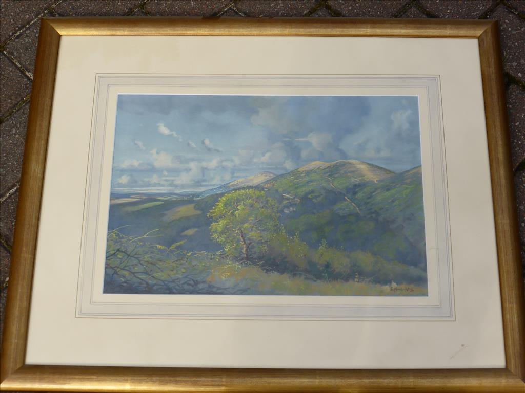 WATERCOLOUR ERIC MEADE KING DEPICTING THE MALVERN HILLS, APPROX. 18 X 12 INS. P&P N/A