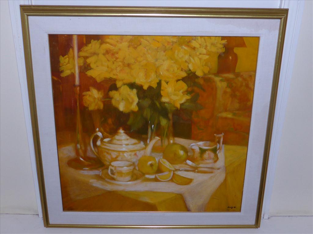 LARGE OIL ON CANVAS `YELLOW ROSES` PHILIP CRAIG, PAINTED IN 1995, APPROX. 30 X 30 INS.Postage