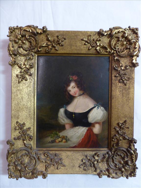 OIL ON BOARD, 19TH CENTURY ENGLISH SCHOOL, NAÏVE 3/4 LENGTH PORTRAIT OF A YOUNG LADY APPROX. 10 X