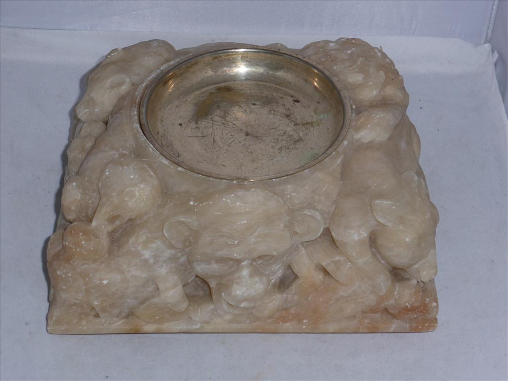 SQUARE ALABASTER VASE STAND WITH RELIEF CARVED DECORATION INC. MONKEYS ETC. APPROX. 10 X 8 INS.