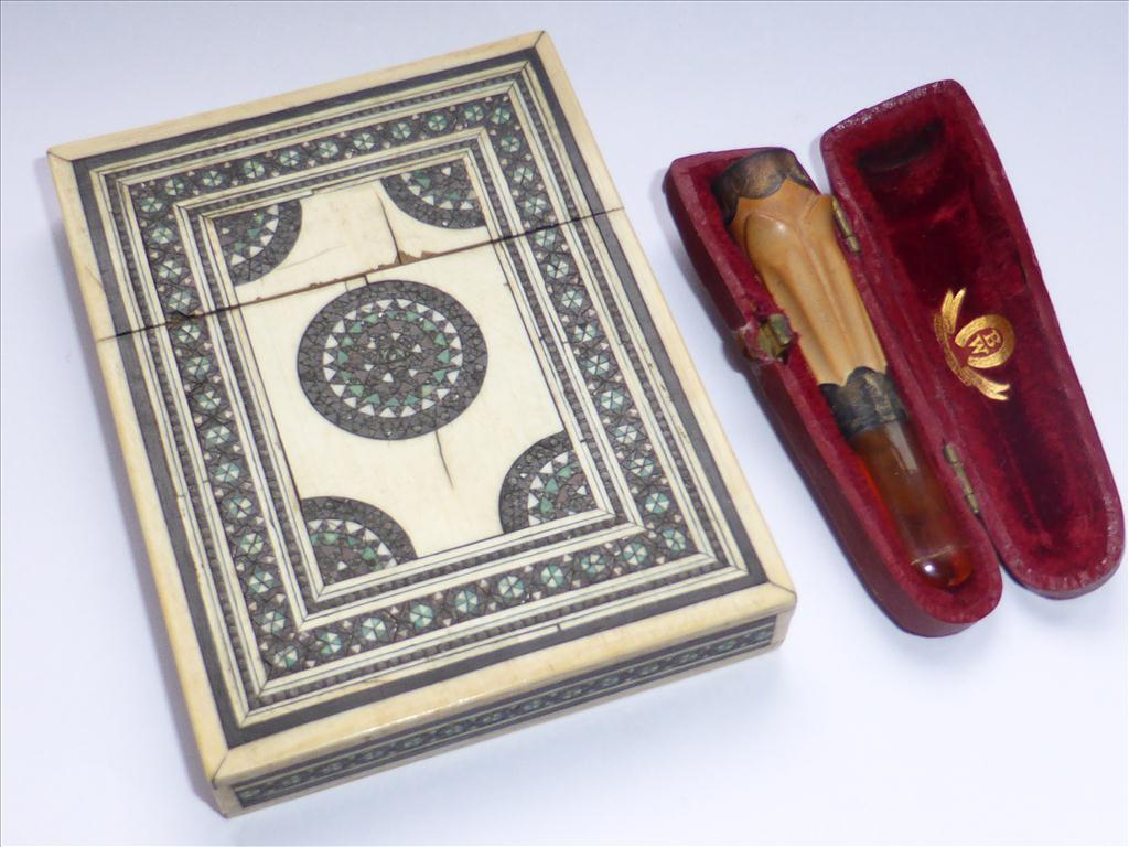 19TH CENTURY ANGLO INDIAN CARD CASE AND A MEERSCHAUM CIGARETTE HOLDER IN FITTED CASE MARKED