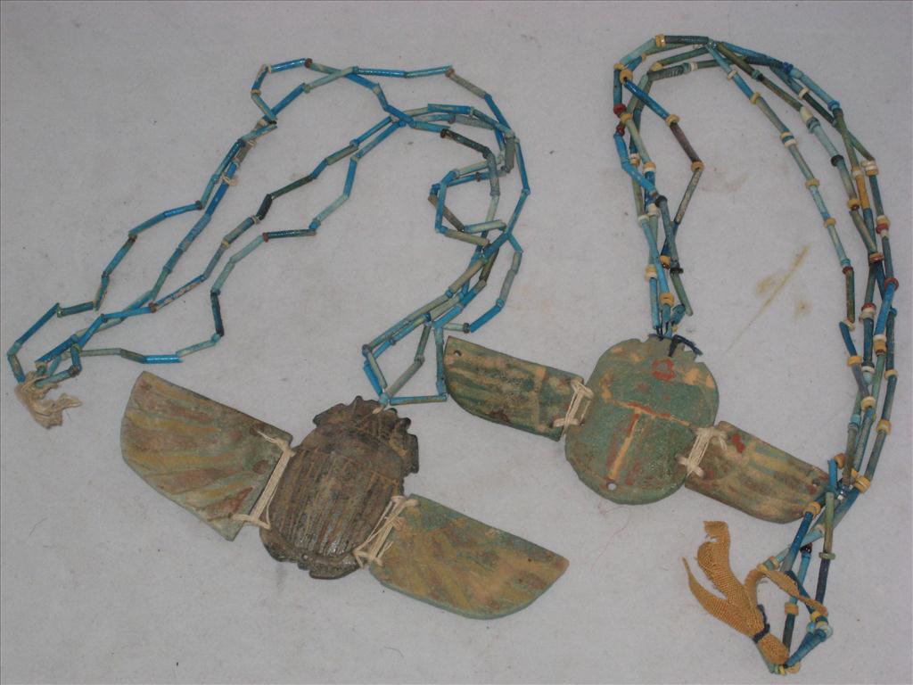 2 UNUSUAL EGYPTIAN CARVED STONE SCARAB AND BEAD NECKLACESPostage Cost (basic) : £20