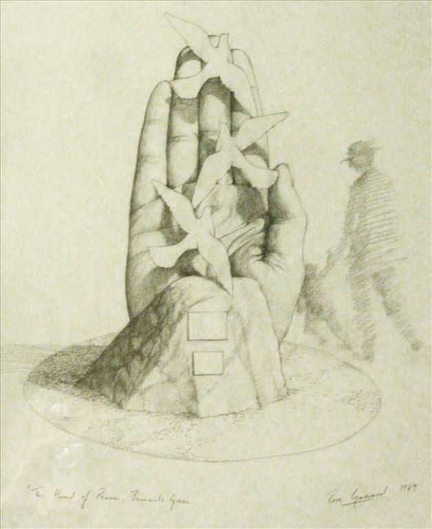 ROSE GARRARD COLOURED DRAWING OF ‘HAND OF PEACE` FOR WAR MEMORIAL GREAT MALVERN APPROX. 22.5 X 16