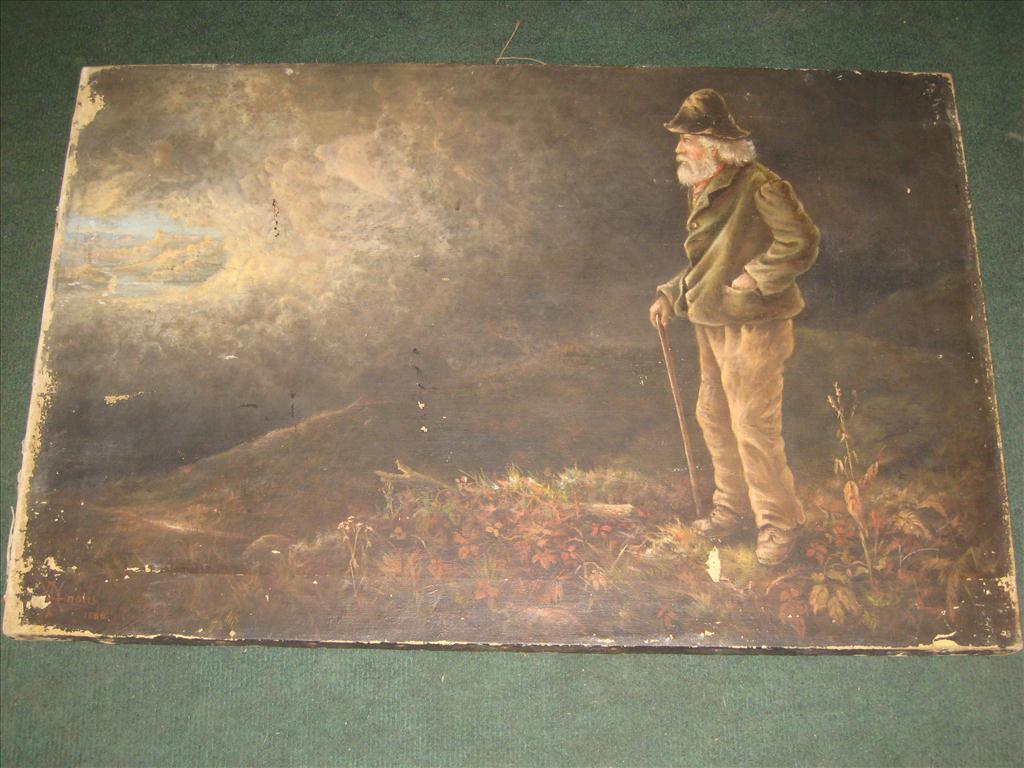 OIL ON CANVAS DEPICTING AN OLD GENTLEMAN IN A MYTHICAL SETTING WITH FINELY PAINTED ANGEL FIGURE